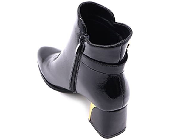 black patent gold-heel booties