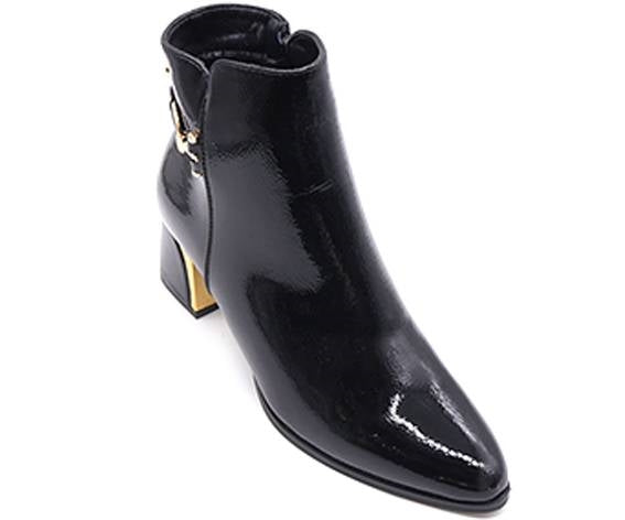black patent gold-heel booties