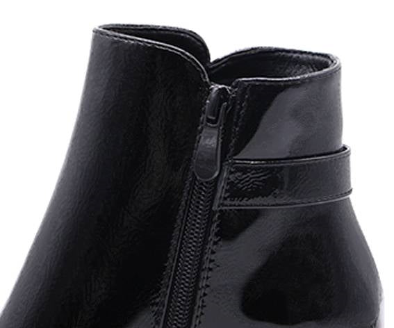 black patent gold-heel booties