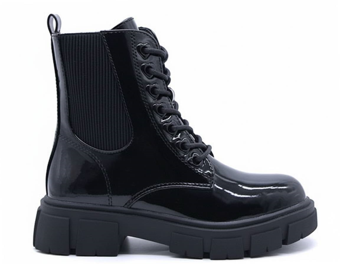 girls patent black combat boot