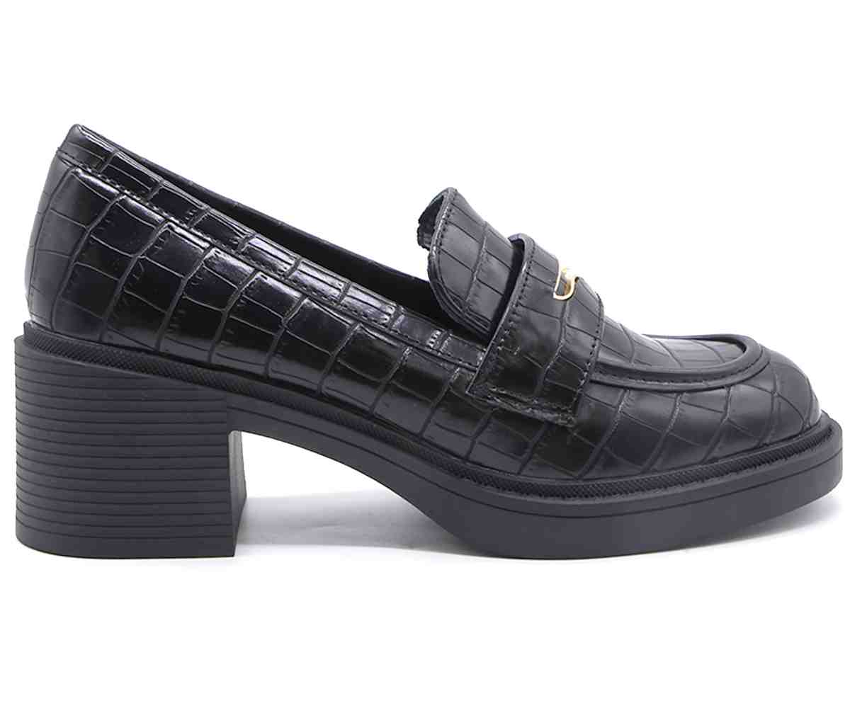 Black Croc Block-Heel Pumps
