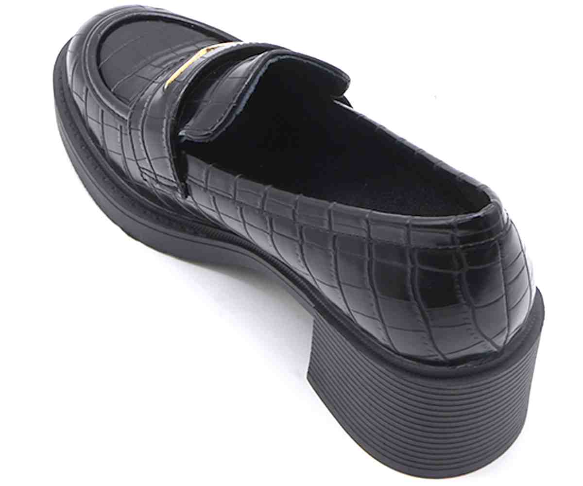 Black Croc Block-Heel Pumps