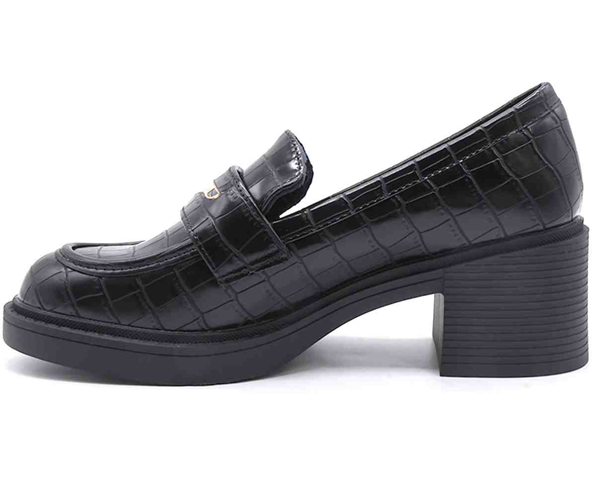 Black Croc Block-Heel Pumps