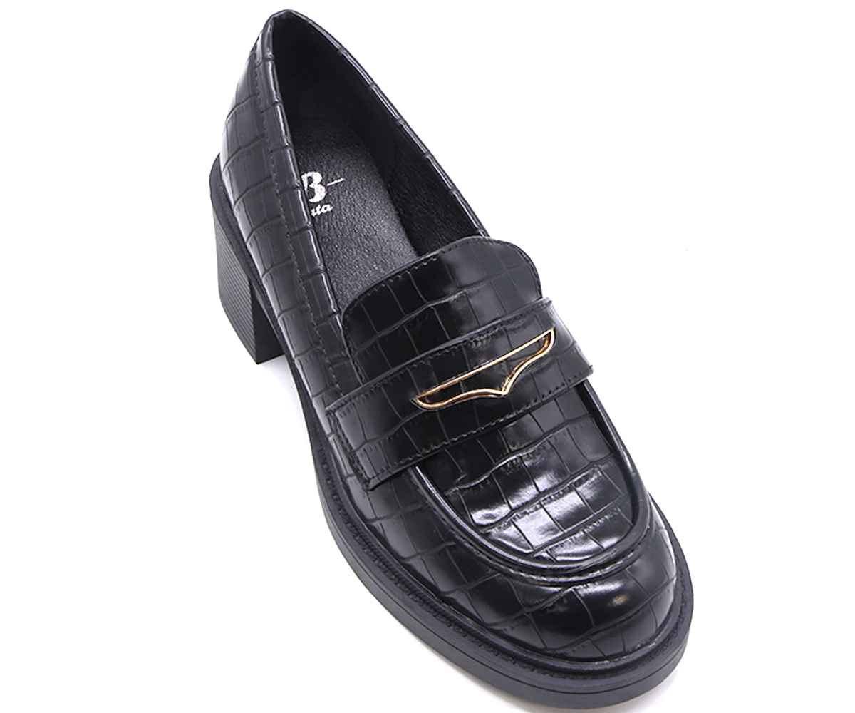 Black Croc Block-Heel Pumps