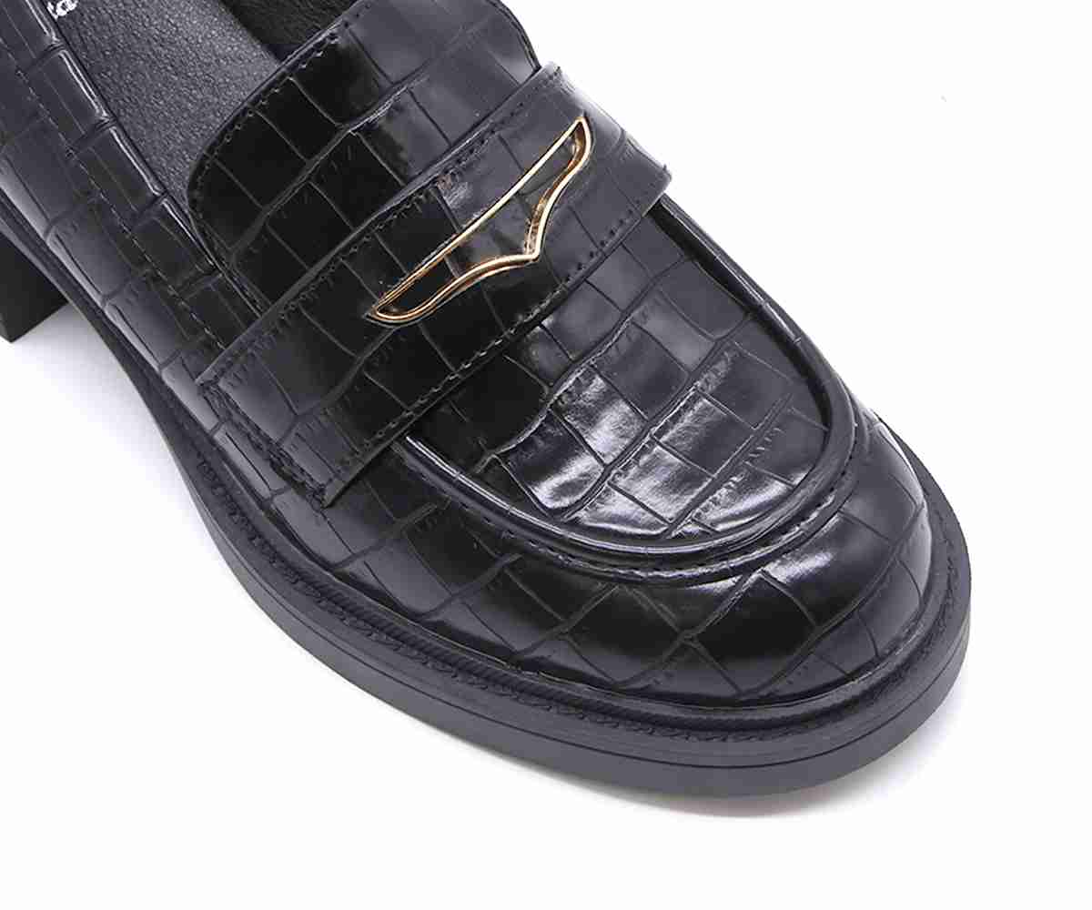 Black Croc Block-Heel Pumps