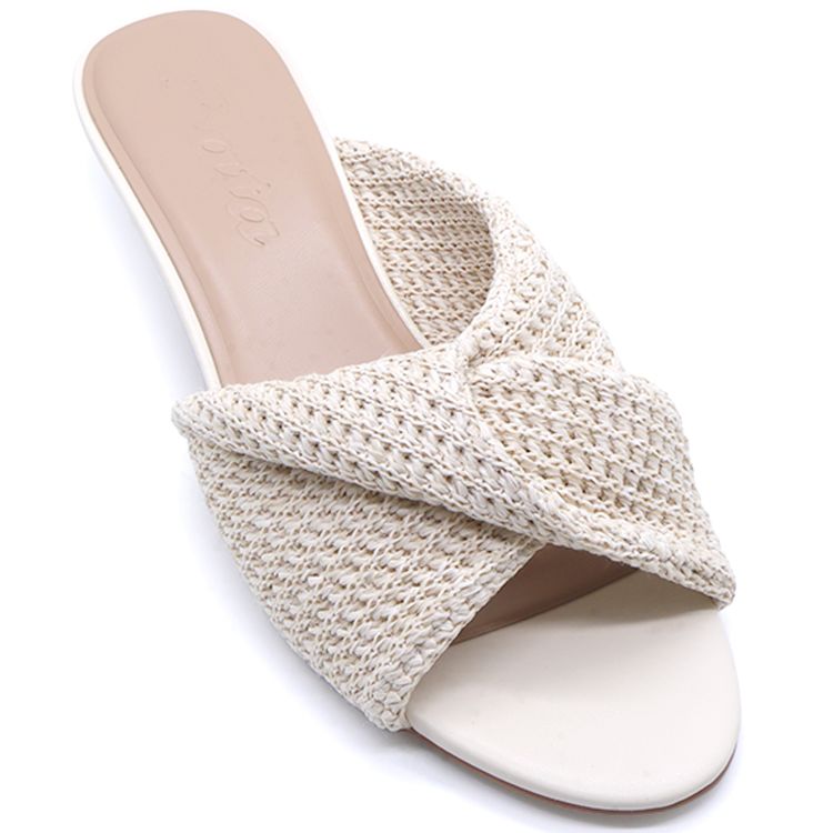 Beige Woven Kitten Heel Mules