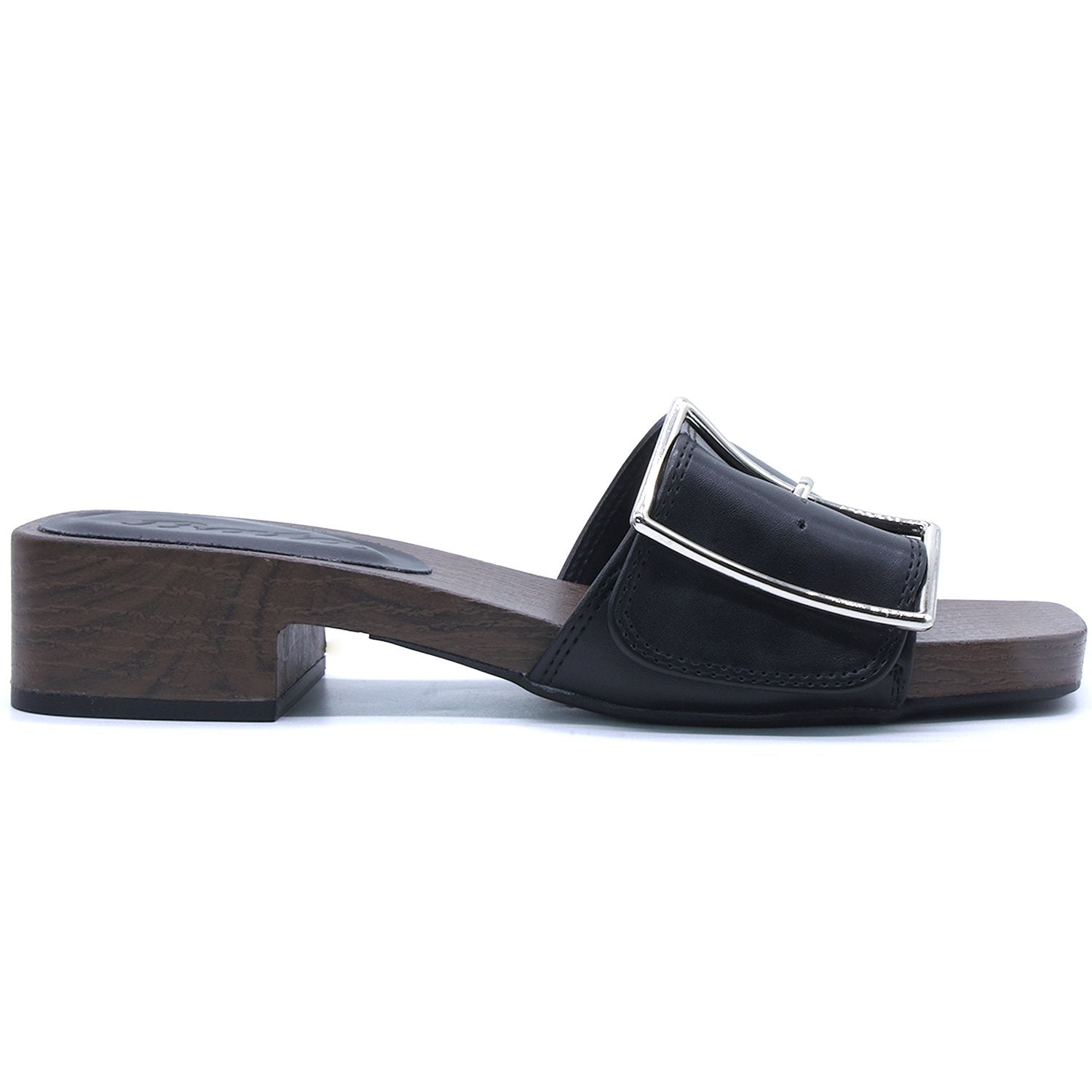 Black Buckled Wood Slides