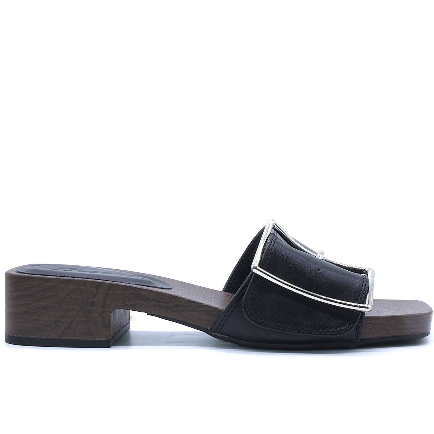 Black Buckled Wood Slides