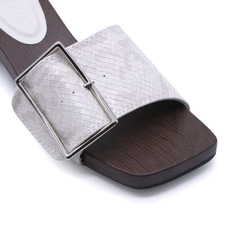 White Snakeprint Buckled Wood Slides