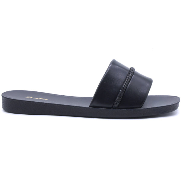 BLACK RHINESTONE TRIM SLIDES