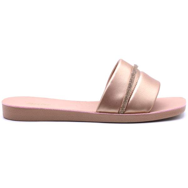 ROSE GOLD RHINESTONE TRIM SLIDES