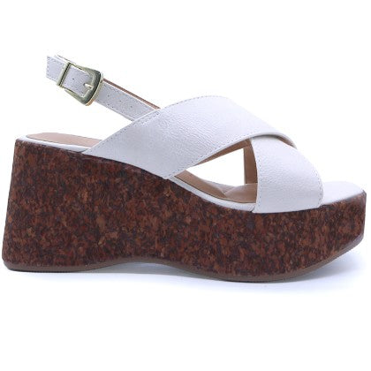 BR White Cork Wedge Crossover Sandal