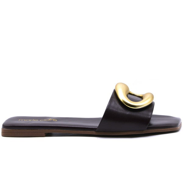 Marie Claire Brown Gold Buckle Slides