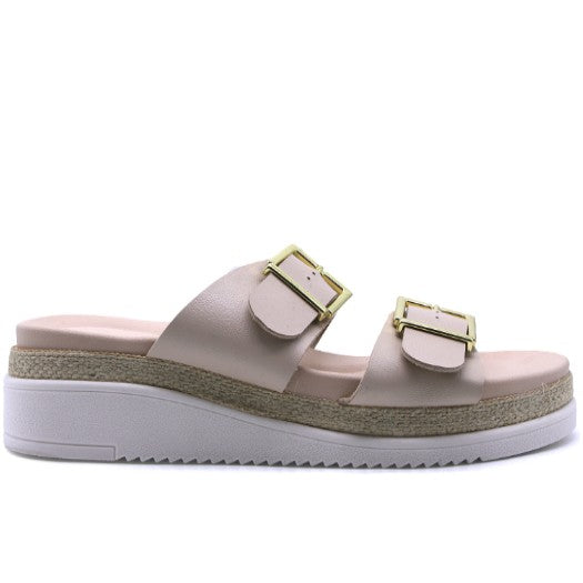 BR Beige Dbl Buckle Espadrille Wedges