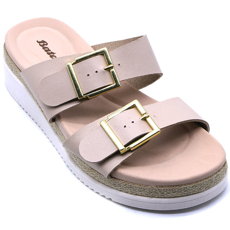 BR Beige Dbl Buckle Espadrille Wedges