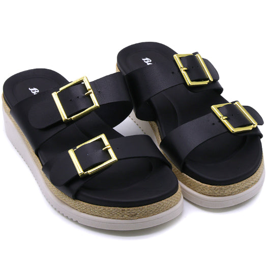 BR Black Dbl Buckle Espadrille Wedges