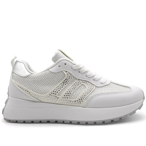 White Mesh-Panel Retro Sneaker