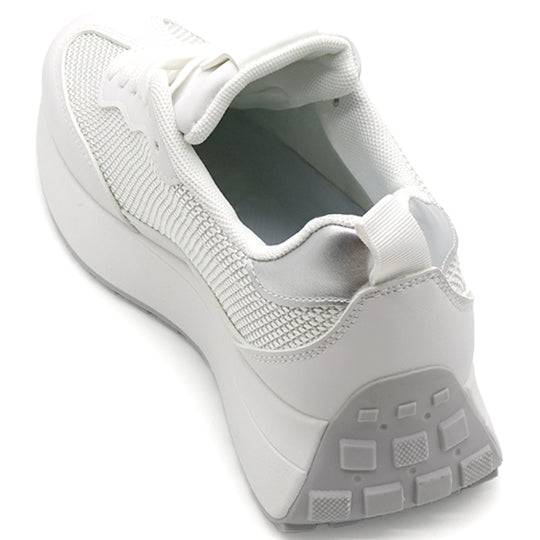 White Mesh-Panel Retro Sneaker in White – angled view from the heel
