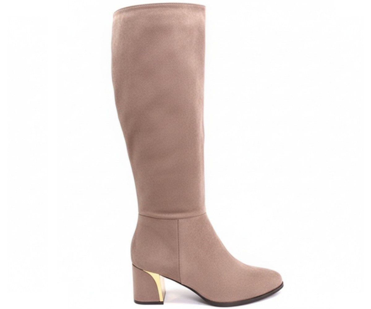 gold-trim beige mid-calf boots