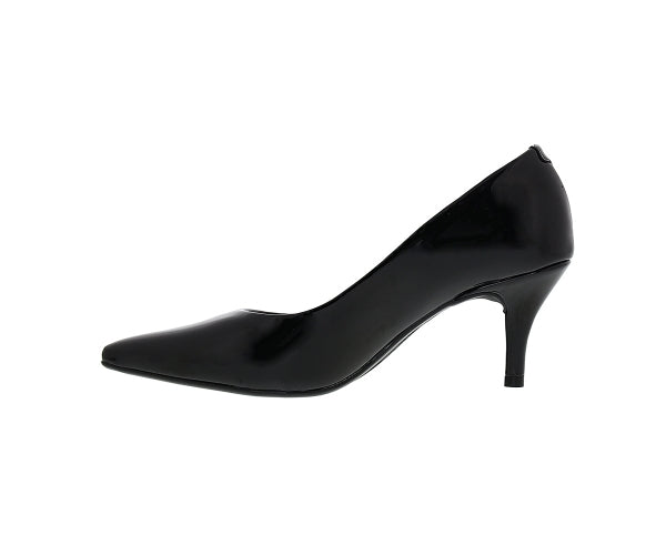 mid-heel patent black pointed-toe pumps