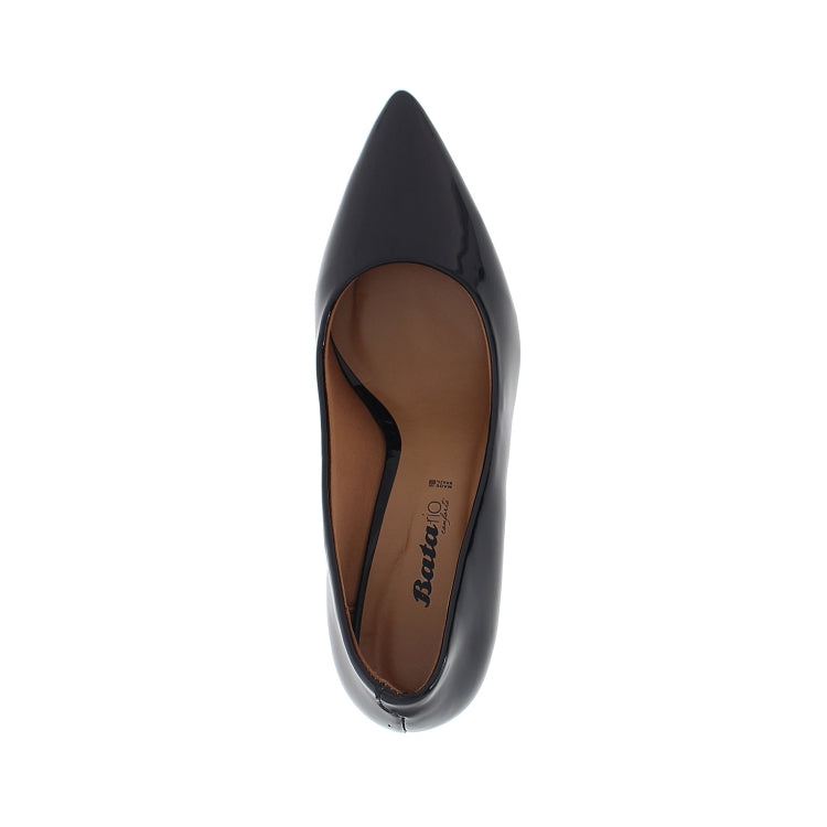 mid-heel patent black pointed-toe pumps