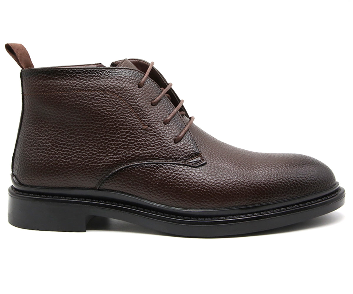 grained brown derby boot