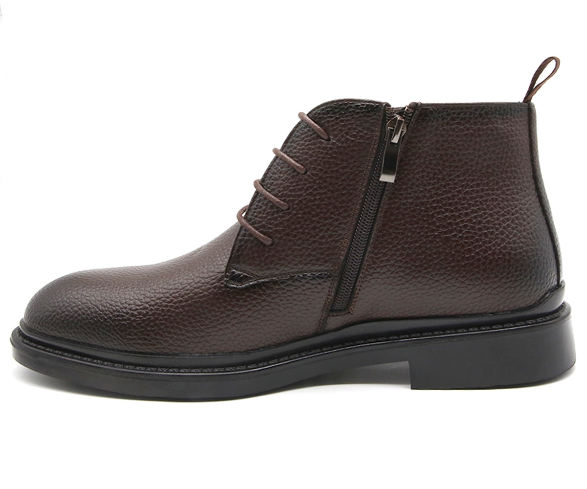 grained brown derby boot