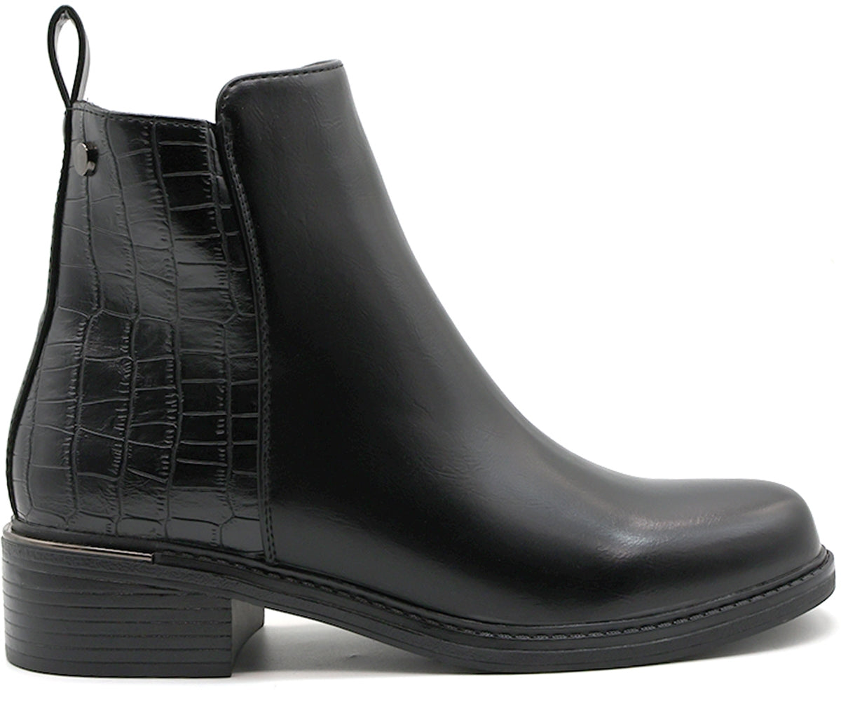 black croc-paneled ankle boot