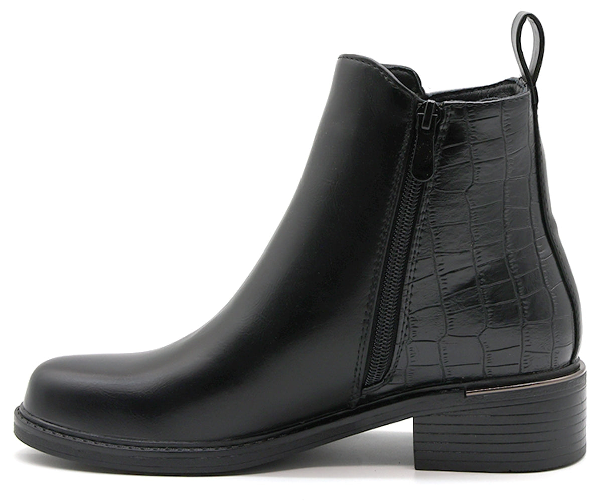 black croc-paneled ankle boot