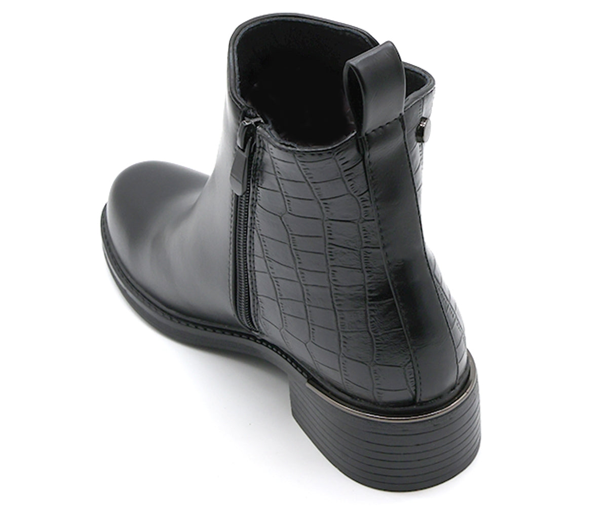 black croc-paneled ankle boot