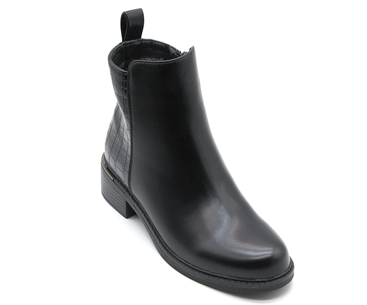 black croc-paneled ankle boot