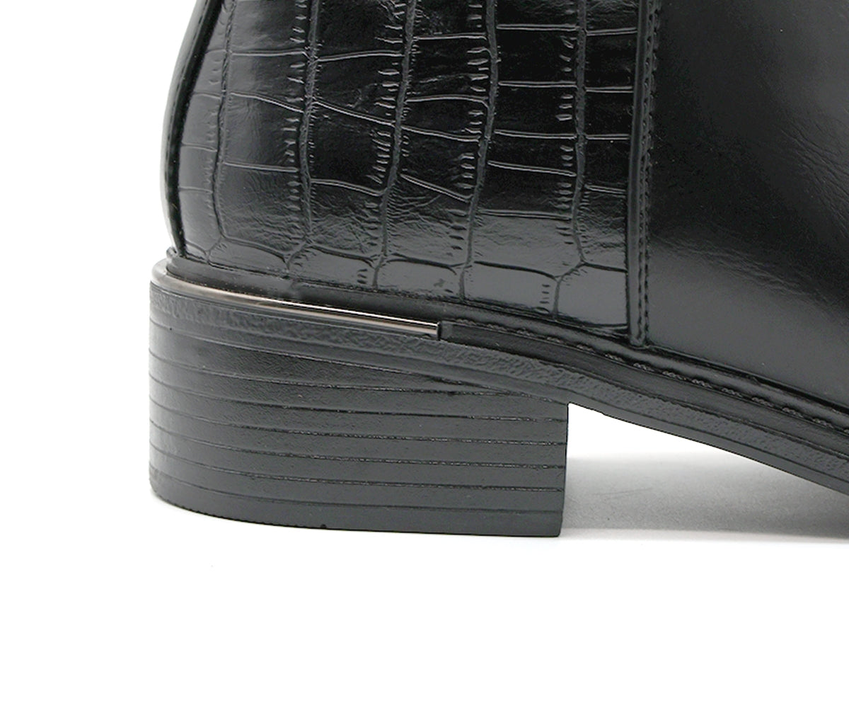 black croc-paneled ankle boot