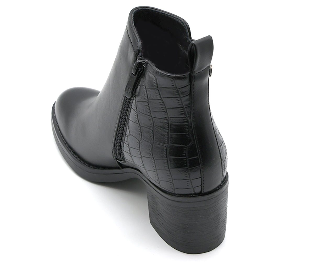 black croc paneled ankle boot