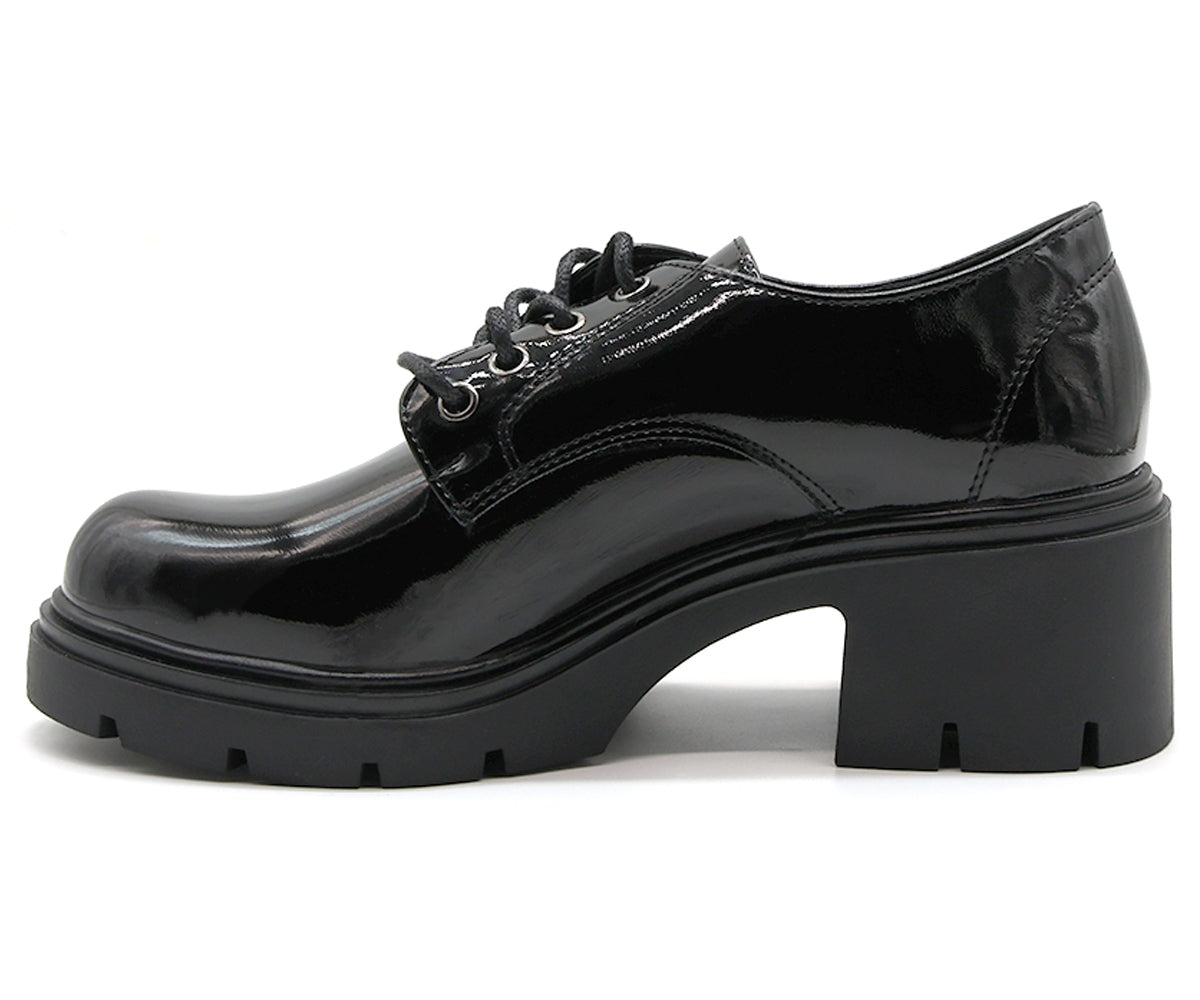 chunky black patent derby shoe