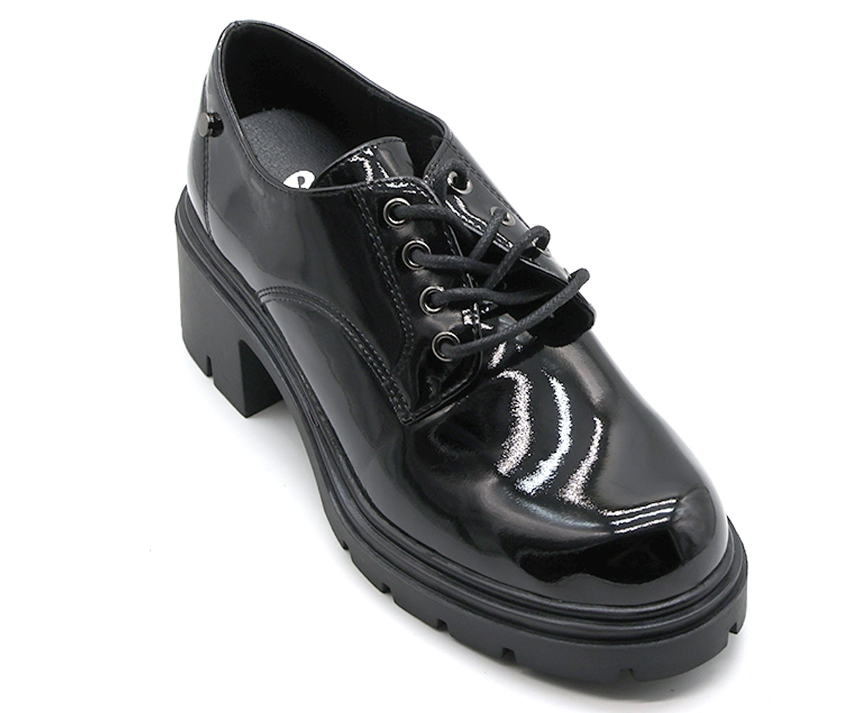 chunky black patent derby shoe