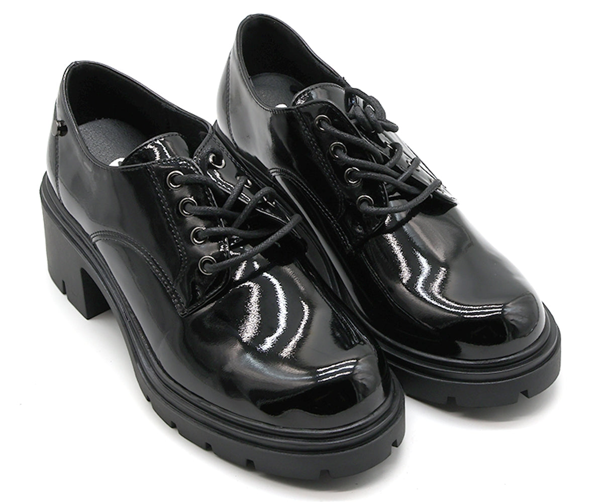 chunky black patent derby shoe