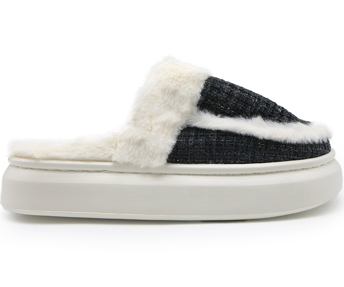 black plaid chunky house slippers