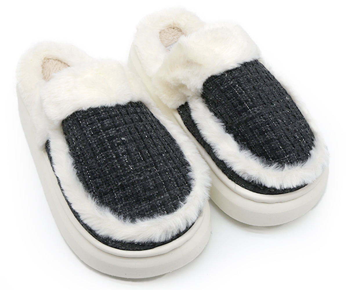 black plaid chunky house slippers