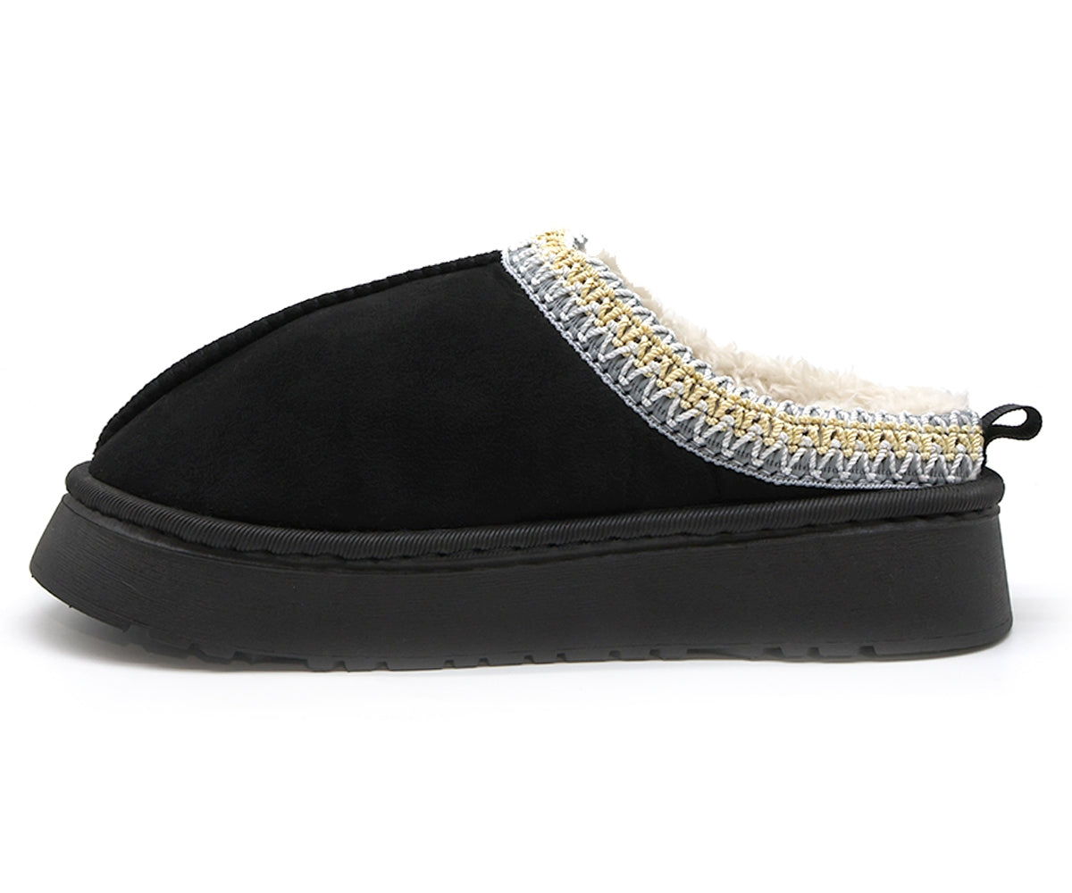 black flatform fur-lined slippers
