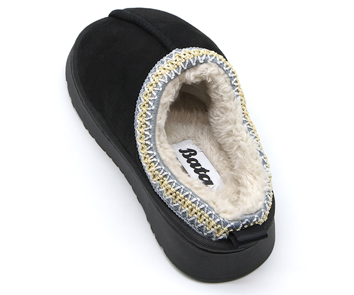 black flatform fur-lined slippers