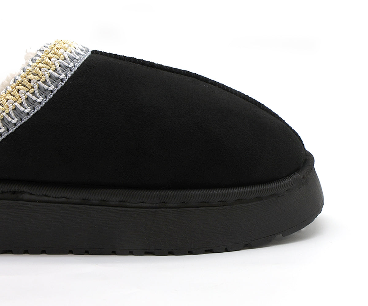 black flatform fur-lined slippers