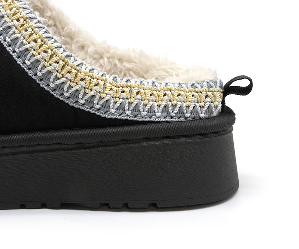 black flatform fur-lined slippers