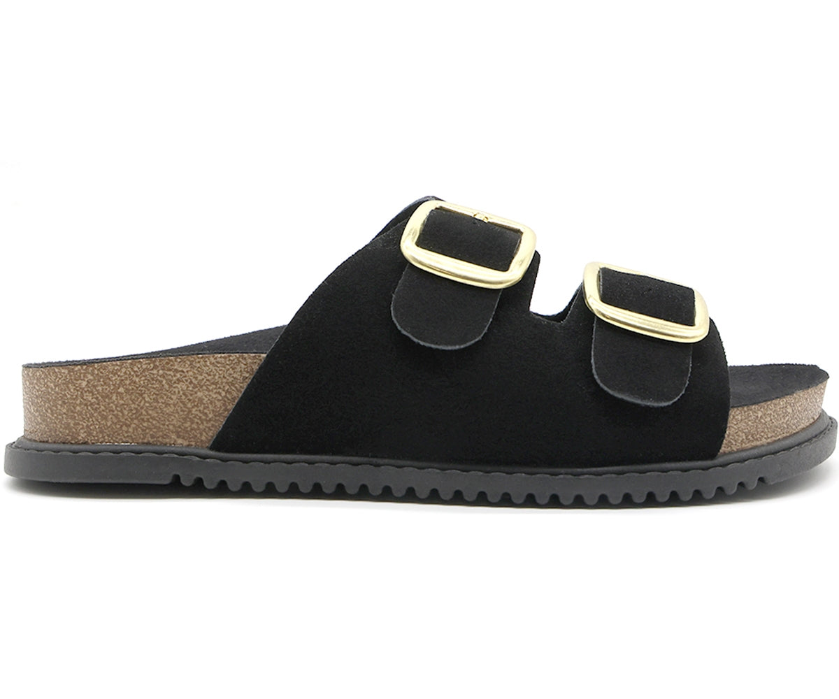 br black suede cork slides
