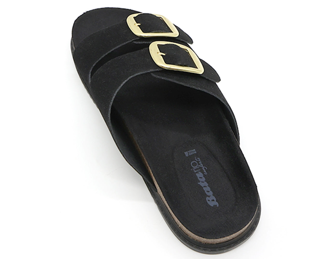 br black suede cork slides