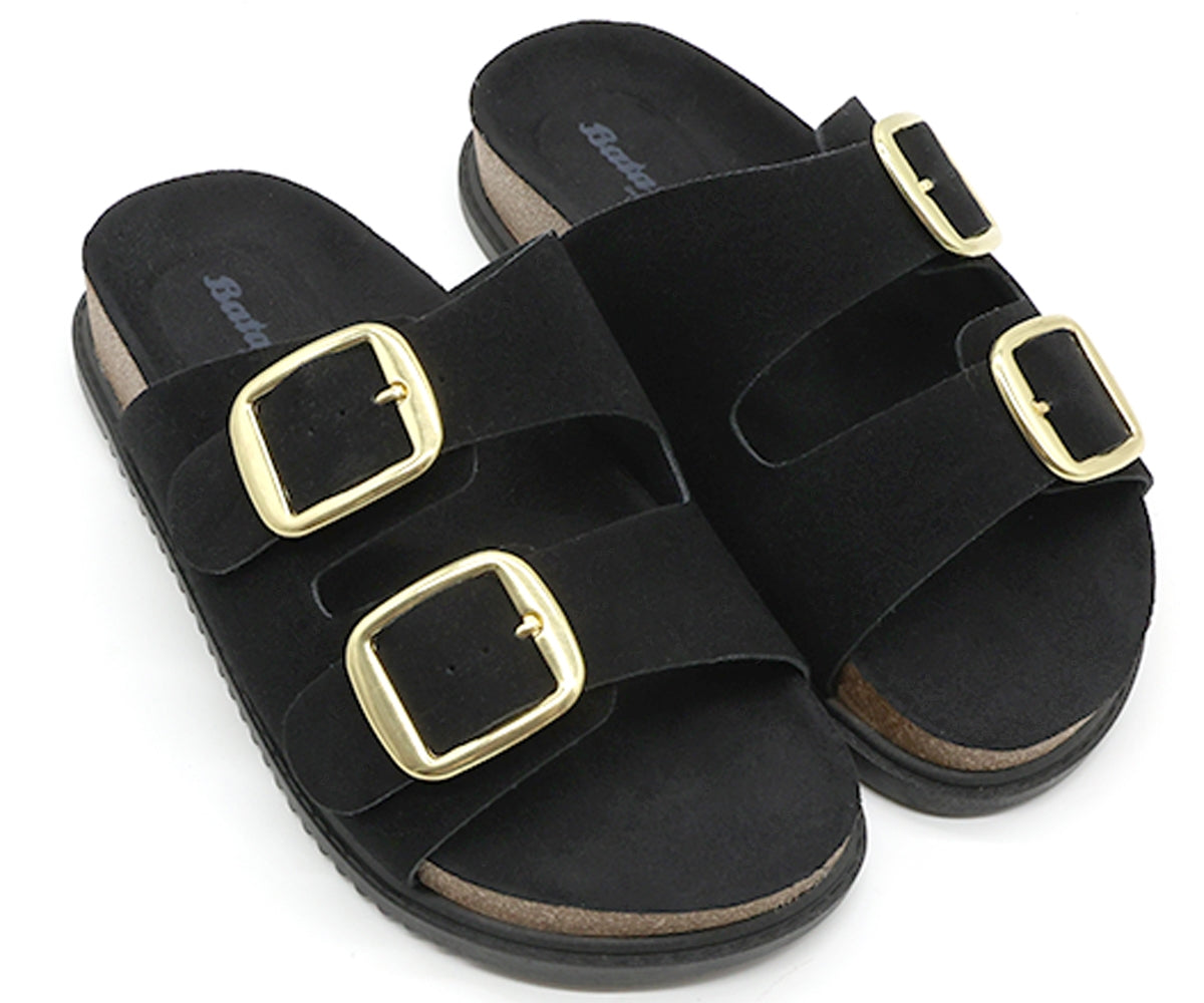 br black suede cork slides