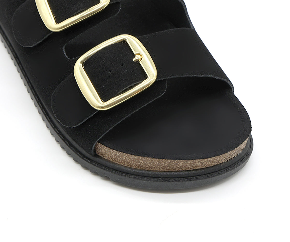 br black suede cork slides