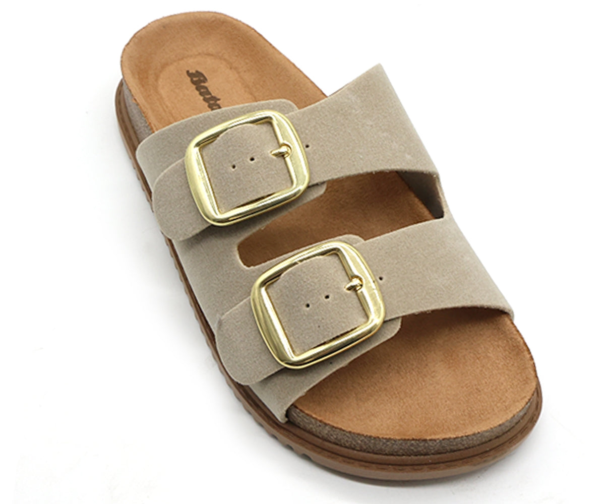 br beige suede cork slides