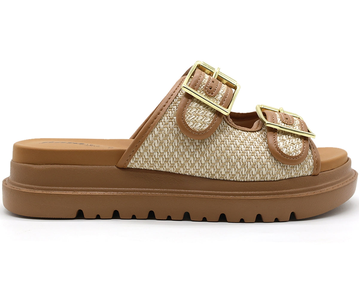 br camel & beige plaid slides