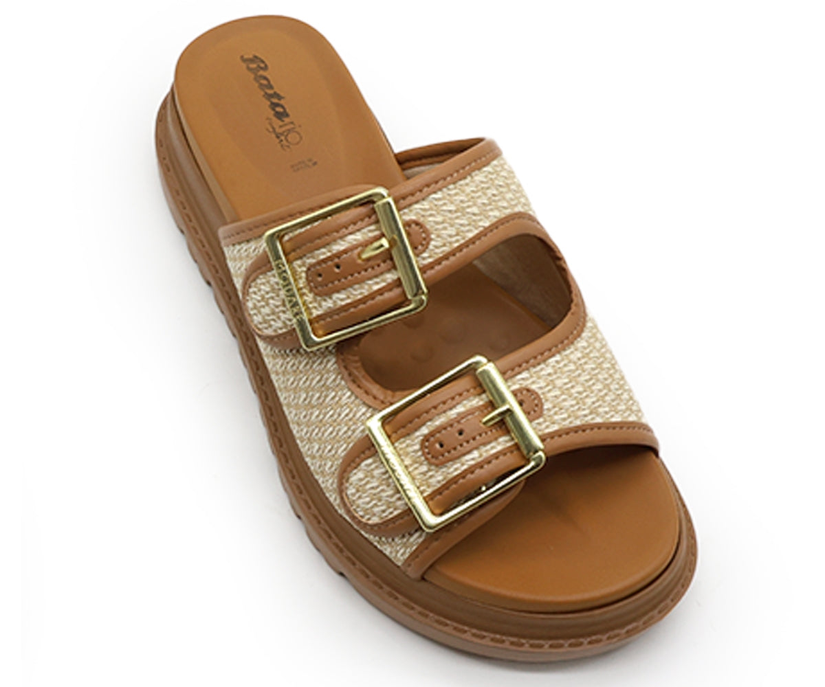 br camel & beige plaid slides