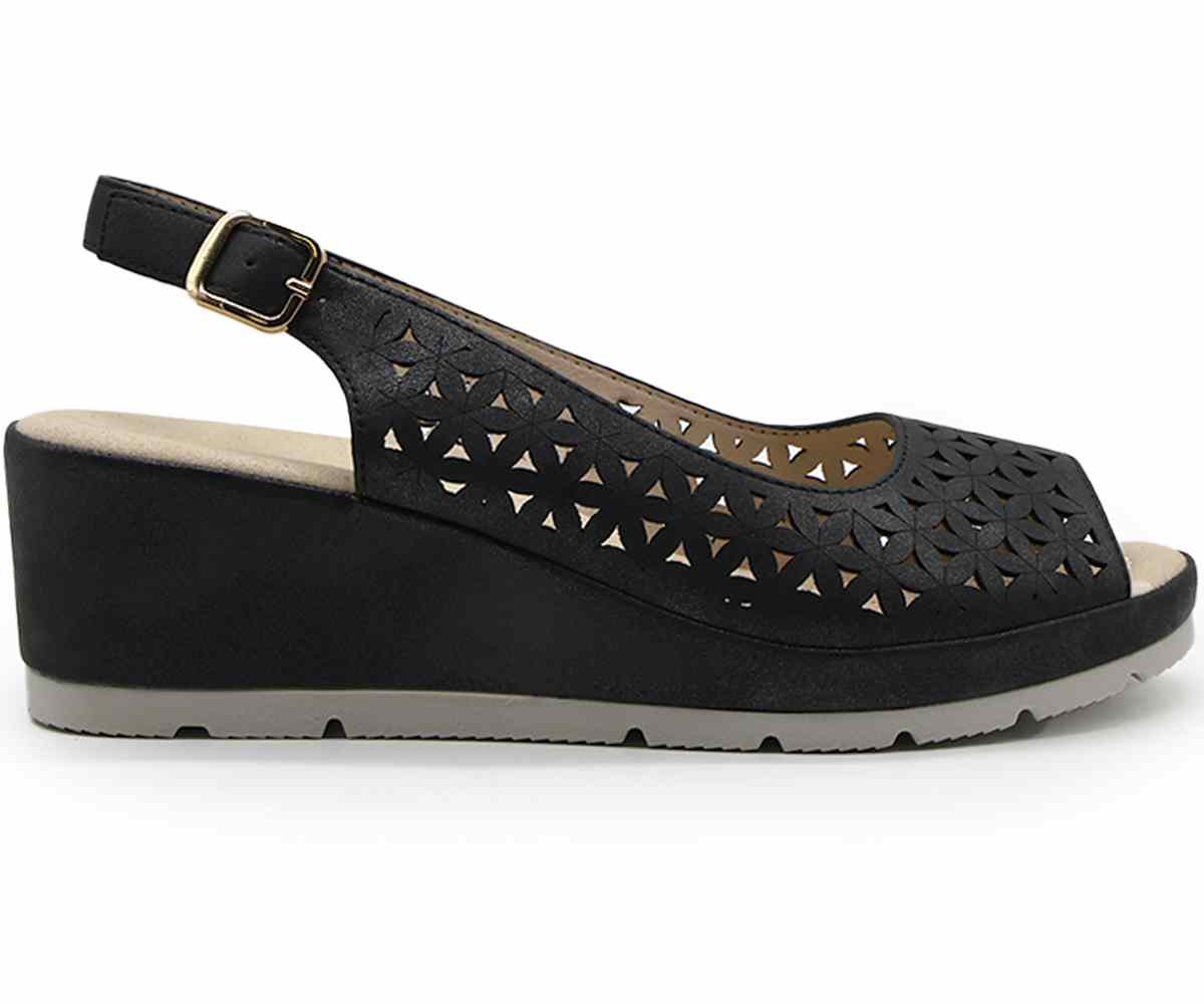Comfit Black Floral-Cut Wedge Slingbacks